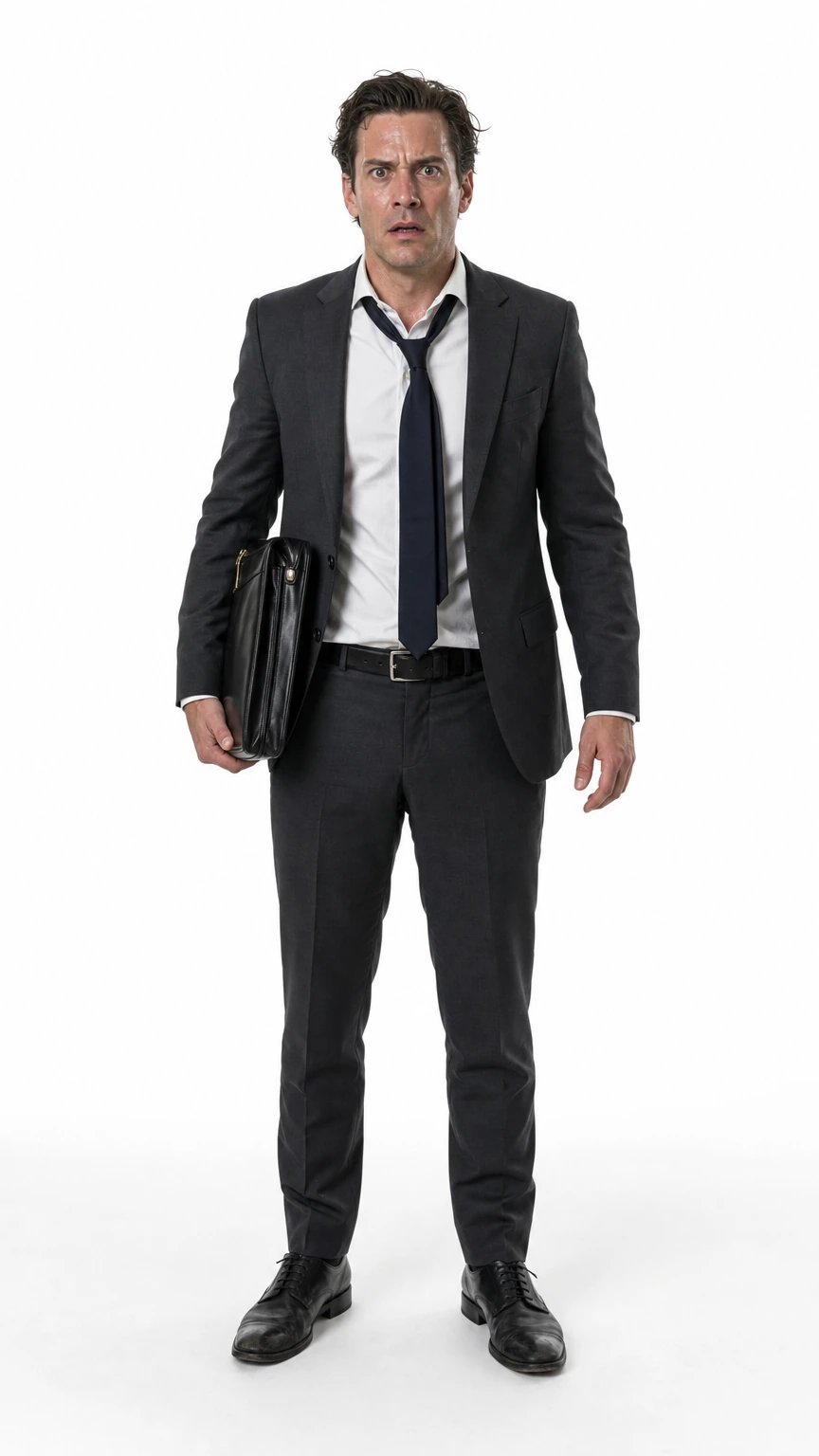 Character B omni-reference: white-collar businessman in his late 30s, slicked-back dark brown hair, tailored charcoal grey two-piece suit with loosened navy silk tie, black leather oxford shoes, sleek black leather briefcase clutched tight, barely-contained panic expression, full body on pure white seamless studio background