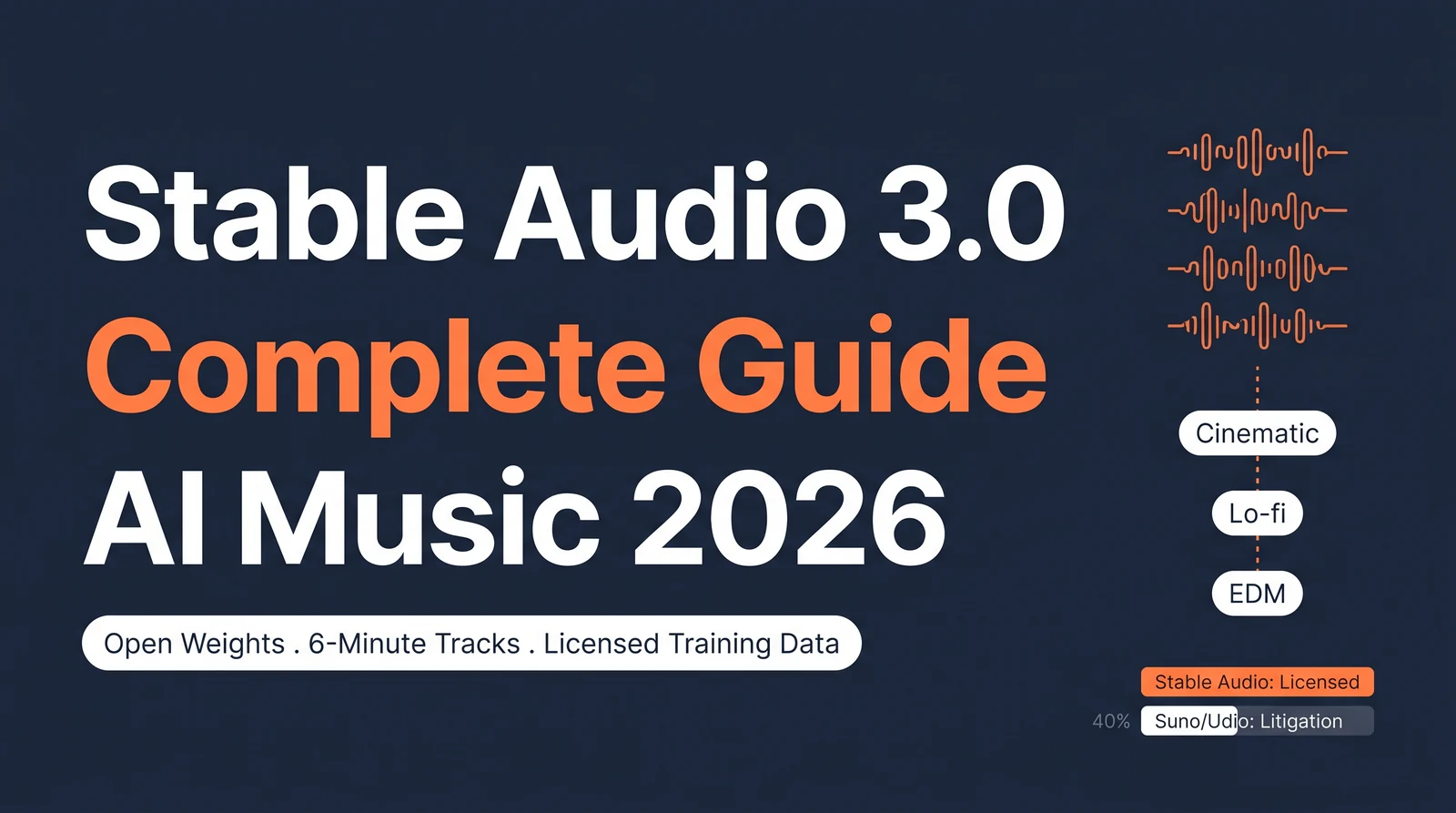 Stable Audio 3.0 Complete Guide AI Music 2026 hero image with title in white and orange on dark navy background, showing audio waveform graphics and three pill labels Cinematic Lo-fi EDM, plus a small comparison bar contrasting Stable Audio's licensed training data with Suno and Udio litigation