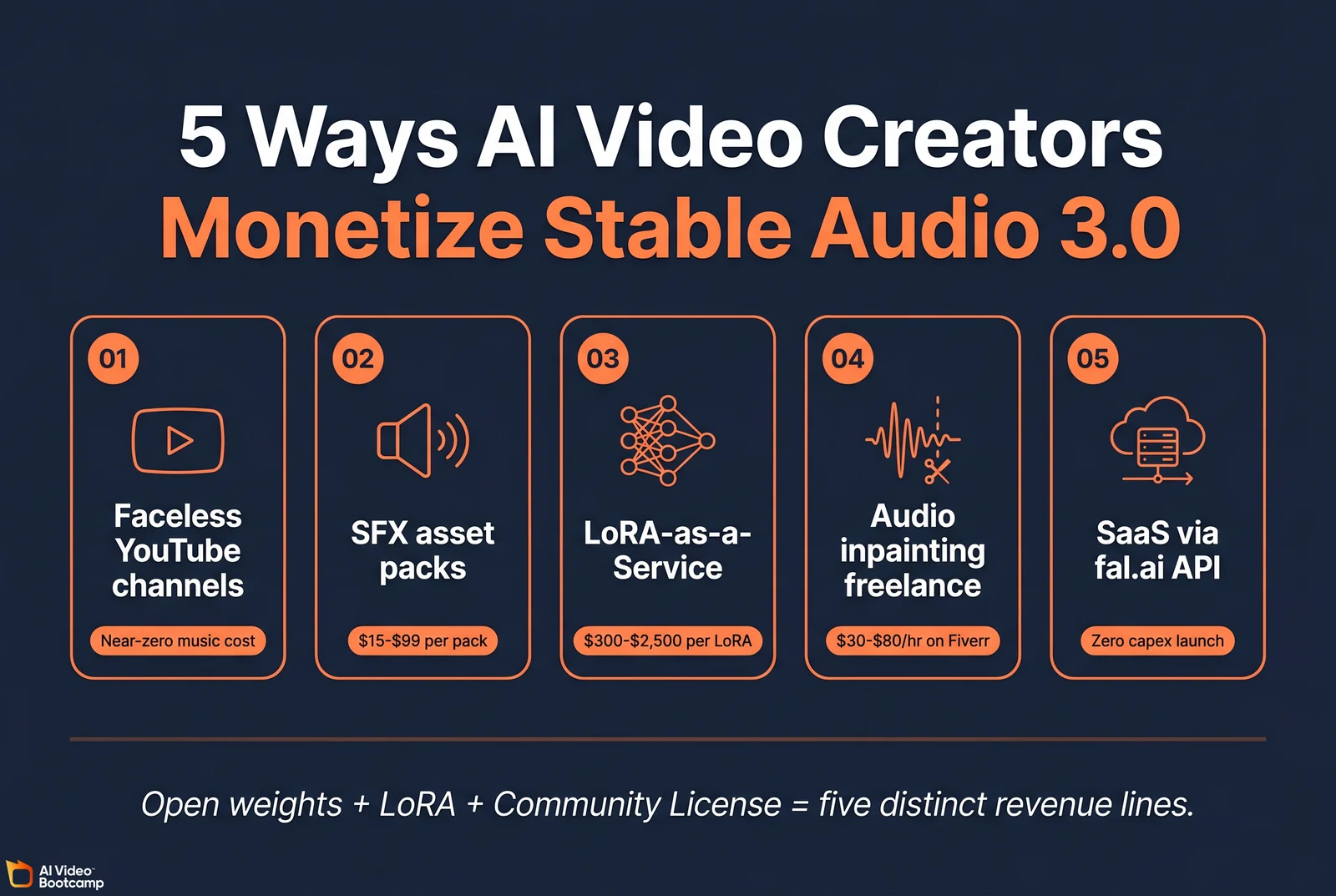 Five ways AI video creators monetize Stable Audio 3.0 grid: 01 Faceless YouTube channels near-zero music cost, 02 SFX asset packs $15-$99 per pack, 03 LoRA-as-a-Service $300-$2,500 per LoRA, 04 Audio inpainting freelance $30-$80/hr on Fiverr, 05 SaaS via fal.ai API zero capex launch