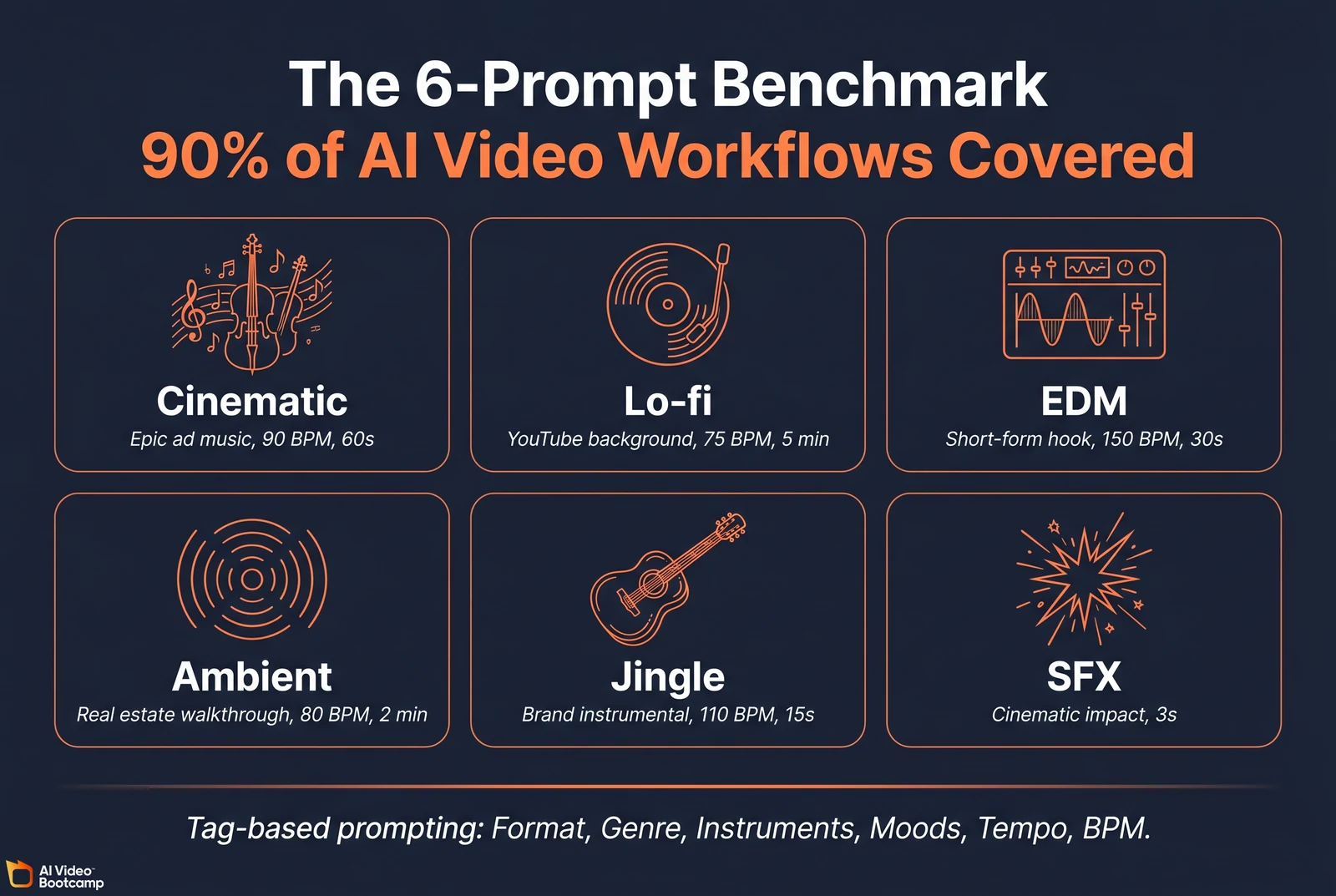 The 6-Prompt Benchmark grid showing six AI music genre tiles for video workflows: Cinematic 90 BPM 60s, Lo-fi 75 BPM 5 min, EDM 150 BPM 30s, Ambient 80 BPM 2 min, Jingle 110 BPM 15s, and SFX 3s, with the tag-based prompting structure Format Genre Instruments Moods Tempo BPM noted at the bottom