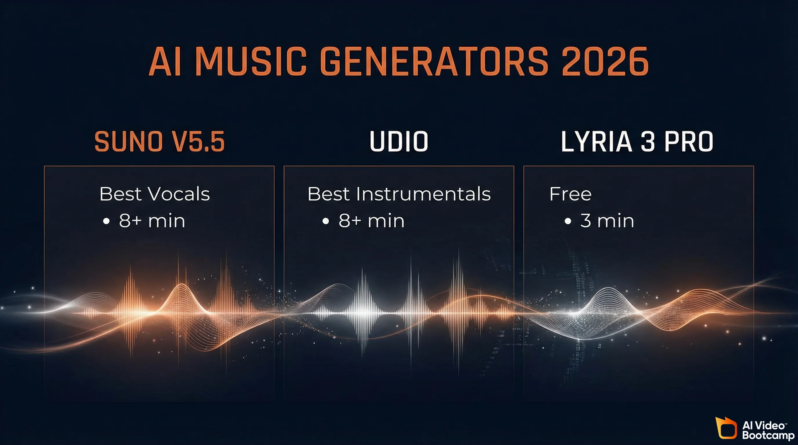 AI Music Generators 2026 comparison showing Suno V5.5 best vocals 8+ minutes, Udio best instrumentals 8+ minutes, and Lyria 3 Pro free 3 minutes