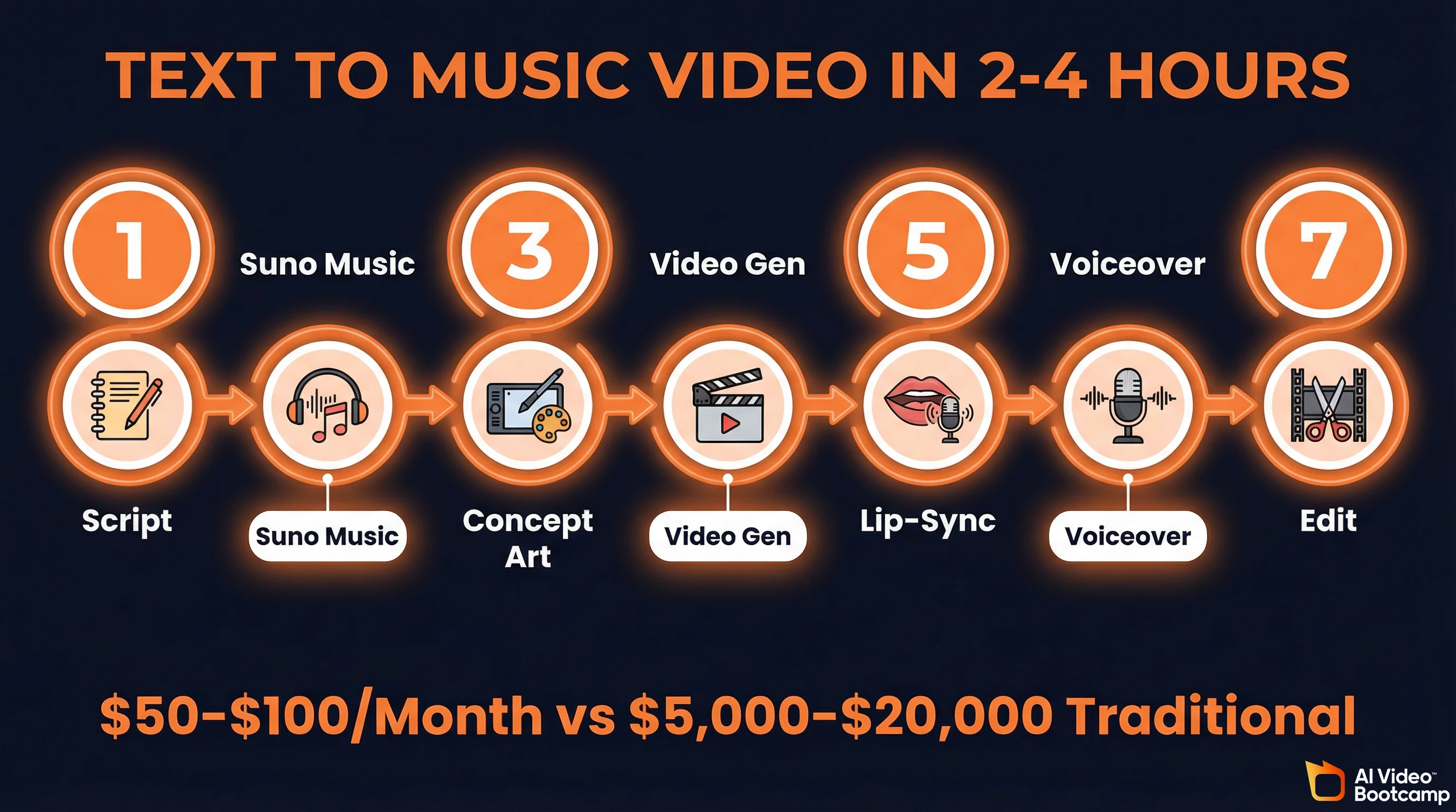 Text to Music Video in 2-4 Hours infographic showing 7-step pipeline from Script to Edit, costing $50-$100 per month vs $5,000-$20,000 traditional