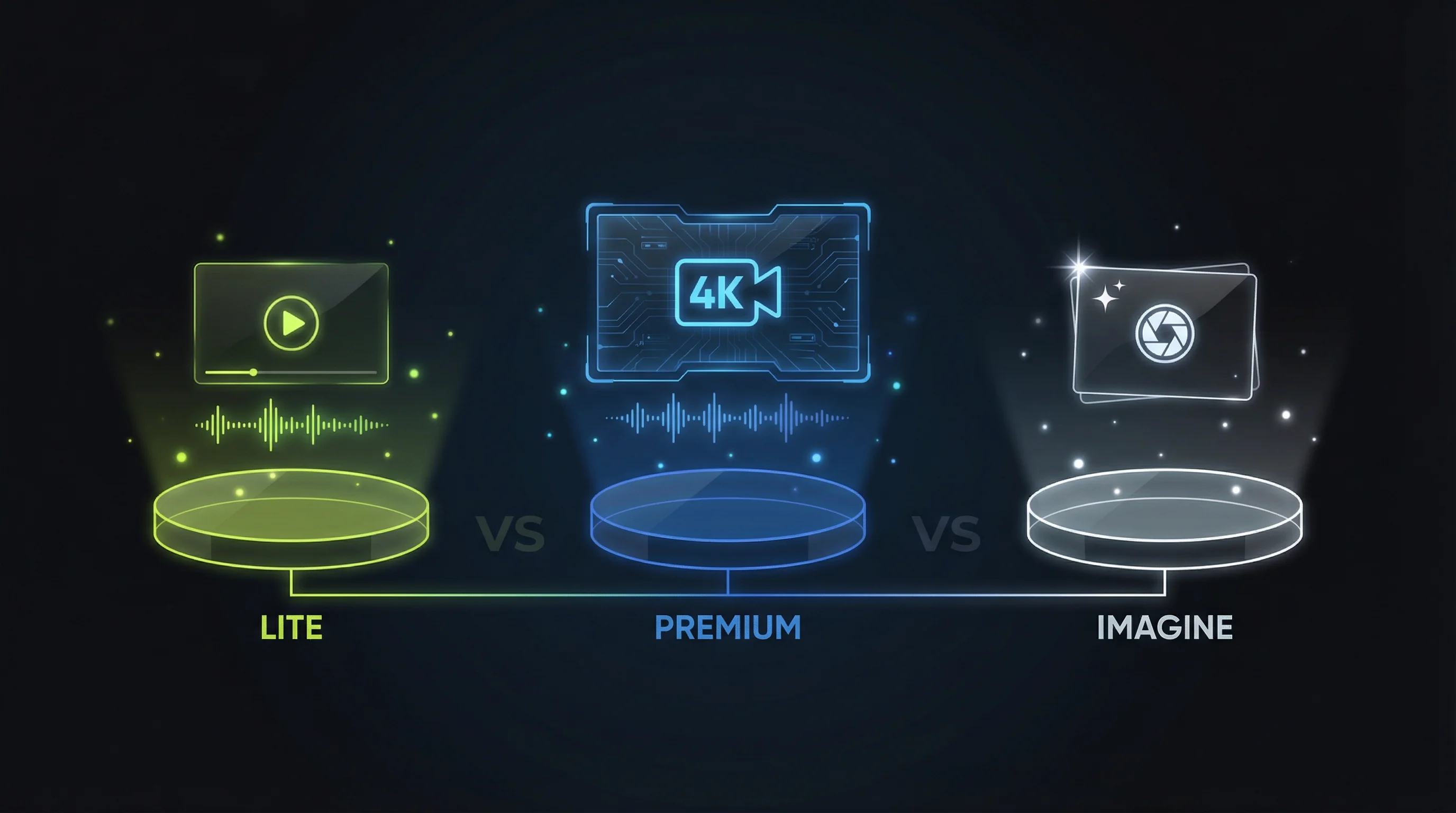 Veo 3.1 Lite vs Veo 3.1 Premium vs Grok Imagine comparison showing three platform stages with video audio and image generation capabilities
