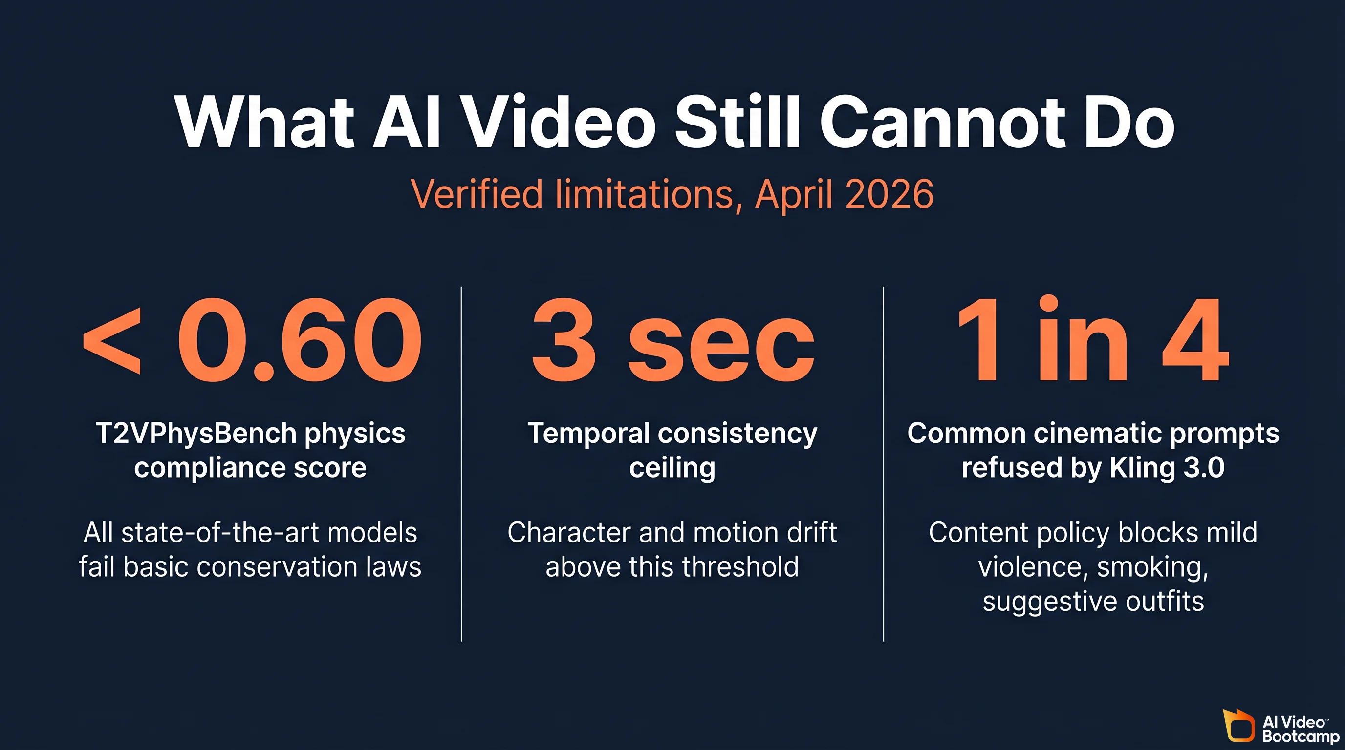 Three verified limitations of AI video in April 2026: T2VPhysBench physics compliance score below 0.60 (all state-of-the-art models fail basic conservation laws), 3-second temporal consistency ceiling (character and motion drift above this threshold), 1 in 4 common cinematic prompts refused by Kling 3.0 (content policy blocks mild violence, smoking, suggestive outfits)